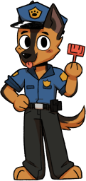 A drawing of an anthropomorphic German Shepherd in a navy blue police uniform holding a red shovel.