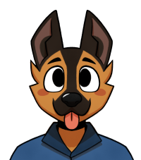 A drawing of an anthropomorphic German Shepherd wearing a navy blue shirt with its tongue sticking out.